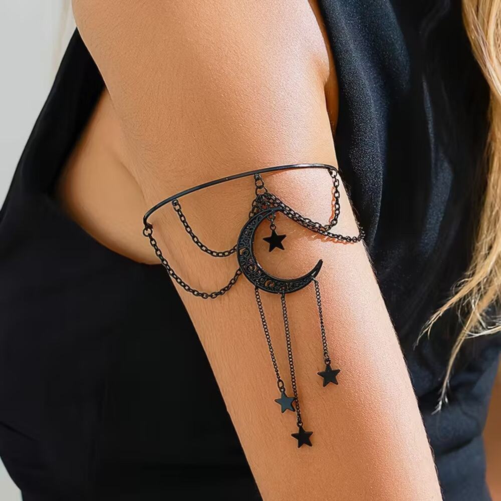 Goth Celestial Crescent Moon Black Dangling Chain Single Armlet Bracelet